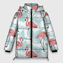 Куртка зимняя женская Узор фламинго и тропических растений, цвет: 3D-черный