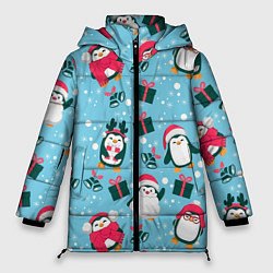 Куртка зимняя женская Новогодние Пингвины, цвет: 3D-красный
