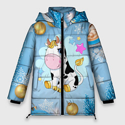 Куртка зимняя женская Милый новогодний бычок, цвет: 3D-черный