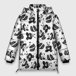 Куртка зимняя женская Акварельные панды паттерн, цвет: 3D-черный