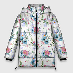 Куртка зимняя женская Весенние акварельные цветы, цвет: 3D-черный