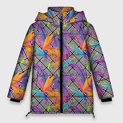 Куртка зимняя женская Тропические цветы и узоры, цвет: 3D-черный