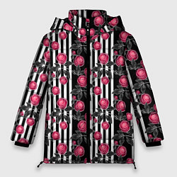 Куртка зимняя женская Акварельные розы на полосатом, цвет: 3D-черный