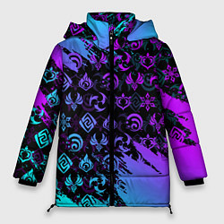 Куртка зимняя женская GENSHIN NEON PATTERN SYMBOL НЕОН ЭМБЛЕМЫ, цвет: 3D-черный