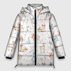 Куртка зимняя женская Паттерн с оленями и медведями, цвет: 3D-черный