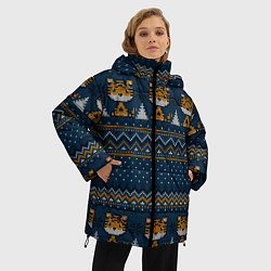 Куртка зимняя женская Вязаный стиль текстура Тигры, цвет: 3D-черный — фото 2