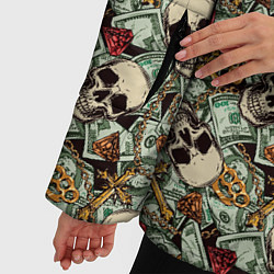 Куртка зимняя женская Доллары, Черепа, Бриллианты, Кресты, Кастеты, Цепи, цвет: 3D-черный — фото 2