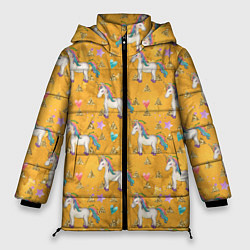 Куртка зимняя женская Единороги на желтом фоне, цвет: 3D-красный