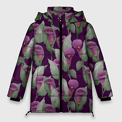 Куртка зимняя женская Фиолетовые каллы на темно фиолетовом фоне, цвет: 3D-светло-серый