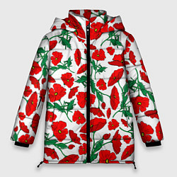 Куртка зимняя женская Цветы Красные Маки на белом фоне, цвет: 3D-черный