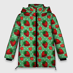 Куртка зимняя женская Клубника на зеленом фоне, цвет: 3D-красный