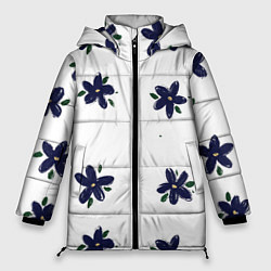 Куртка зимняя женская Синие ромашки на белом фоне, цвет: 3D-черный