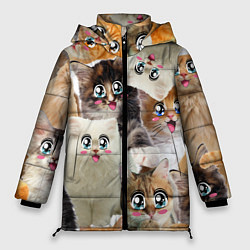 Куртка зимняя женская Много кошек с большими анимэ глазами, цвет: 3D-светло-серый