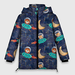 Куртка зимняя женская Звери в космосе детский паттерн, цвет: 3D-черный