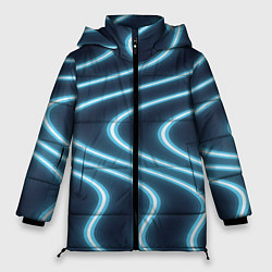 Куртка зимняя женская Неоновый свет Волны голубые на темном фоне, цвет: 3D-черный