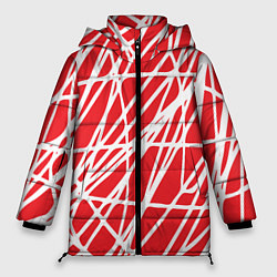 Куртка зимняя женская Белые линии на красном фоне Абстракция, цвет: 3D-светло-серый