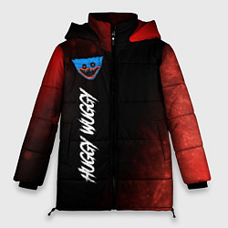 Куртка зимняя женская Надпись и лицо Huggy Wuggy на темном фоне с огнем, цвет: 3D-черный