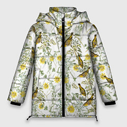 Куртка зимняя женская Цветы Жёлтые С Птицами, цвет: 3D-светло-серый