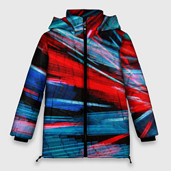 Куртка зимняя женская Неоновые прерывающиеся линии - Красный и голубой, цвет: 3D-светло-серый
