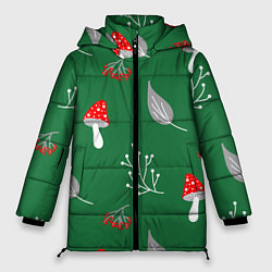 Куртка зимняя женская Грибочки на зеленом фоне, паттерн, цвет: 3D-красный