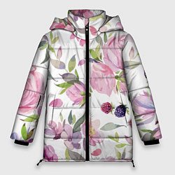 Куртка зимняя женская Летний красочный паттерн из цветков розы и ягод еж, цвет: 3D-светло-серый