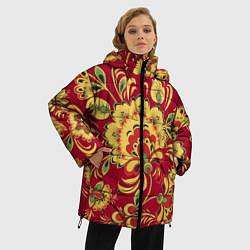 Куртка зимняя женская Хохломская Роспись Цветы На красном Фоне, цвет: 3D-черный — фото 2