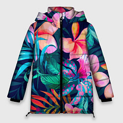 Куртка зимняя женская Яркие тропические цветы Лето, цвет: 3D-черный