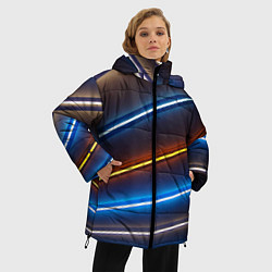 Куртка зимняя женская Неоновые фонари на линиях - Голубой и оранжевый, цвет: 3D-светло-серый — фото 2