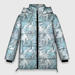 Куртка зимняя женская Голубые листья пальмы на белом, цвет: 3D-красный