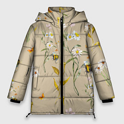 Куртка зимняя женская Нарисованные Цветы Ромашки и Пчёлы, цвет: 3D-светло-серый