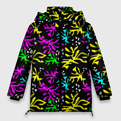 Куртка зимняя женская Неоновый абстрактный узор на черном фоне, цвет: 3D-черный