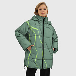 Куртка зимняя женская Абстрактные зеленые линии на фоне цвета хаки, цвет: 3D-красный — фото 2