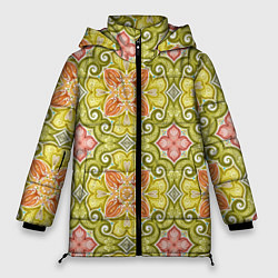 Куртка зимняя женская Зеленые узоры и оранжевые цветы, цвет: 3D-светло-серый