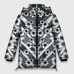 Куртка зимняя женская Сакура и круги на воде, цвет: 3D-черный