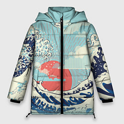 Куртка зимняя женская Морской пейзаж с большими волнами на закате, цвет: 3D-черный