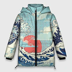 Куртка зимняя женская Морской пейзаж с большими волнами на закате, цвет: 3D-красный