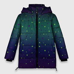 Куртка зимняя женская Неоновые зеленые и сиреневые звезды на темно зелен, цвет: 3D-светло-серый