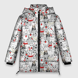Куртка зимняя женская Новогодний паттерн с котиками, цвет: 3D-светло-серый