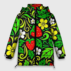 Куртка зимняя женская Роспись земляника и цветы, цвет: 3D-красный