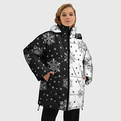 Куртка зимняя женская Рождественские снежинки на черно-белом фоне, цвет: 3D-светло-серый — фото 2