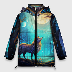 Куртка зимняя женская Волк в ночном лесу в folk art стиле, цвет: 3D-красный