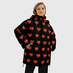 Куртка зимняя женская Разбитые сердца на черном фоне, цвет: 3D-красный — фото 2