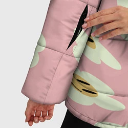 Куртка зимняя женская Искаженные смайлы-цветы на розовом паттер, цвет: 3D-черный — фото 2