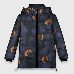 Куртка зимняя женская Темно-синие цветы, цвет: 3D-светло-серый