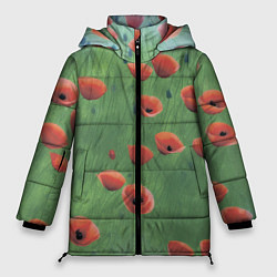 Куртка зимняя женская Красные маки в поле, цвет: 3D-красный