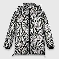 Куртка зимняя женская Декоративные цветы на фоне зебры, цвет: 3D-черный