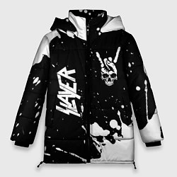 Куртка зимняя женская Slayer и рок символ на темном фоне, цвет: 3D-черный