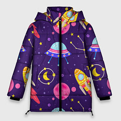 Куртка зимняя женская Космическая тема паттерн, цвет: 3D-черный
