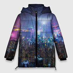 Куртка зимняя женская Большой город в розово-голубых огнях, цвет: 3D-черный