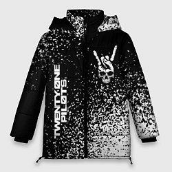 Куртка зимняя женская Twenty One Pilots и рок символ на темном фоне, цвет: 3D-черный